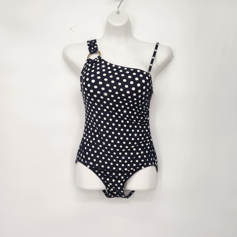 Michael‎ Kors Women's Navy White Polka Dot One Piece Swimsuit Asymmetrical  8